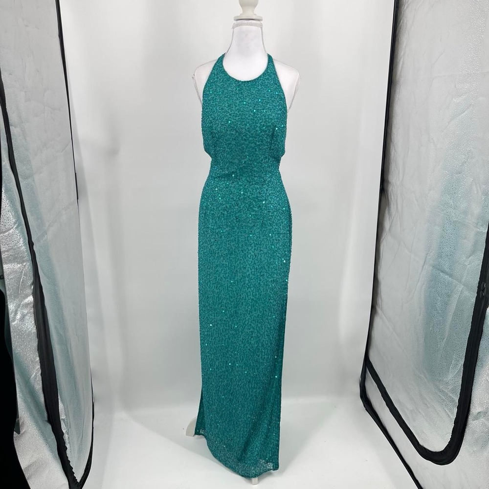 Vintage 90s Scala Silk Beaded Dress L Backless High Neck Formal Event Glam Y2K